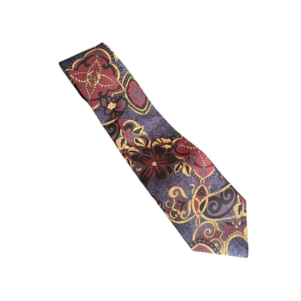 Vintage IZOD 100%‎ Silk Tie Floral Baroque Navy Purple Burgundy Gold USA